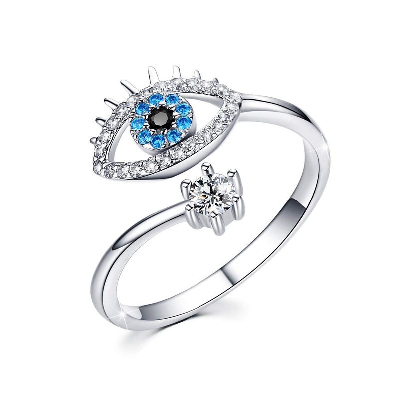 JUSTKIDSTOY Sterling Silver Evil Eye Ring Open Rings Adjustable Openable for Women (Silver) - Image 1